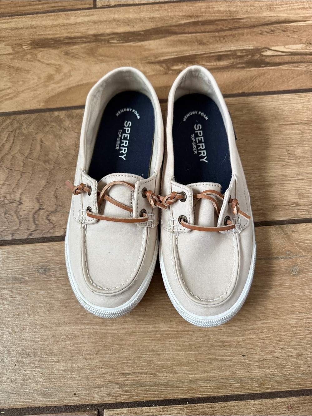 Sperry Light Beige Canvas Boat Shoes with Tan Leather Laces